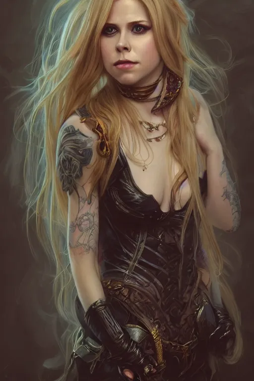 Image similar to portrait of avril lavigne, 2 5 years old, upper body, d & d, fantasy, intricate, elegant, highly detailed, digital painting, artstation, concept art, smooth, sharp focus, illustration, art by artgerm and greg rutkowski and alphonse mucha