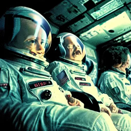 Image similar to astronauts sitting in a movie theater watching the movie “alien”, realistic