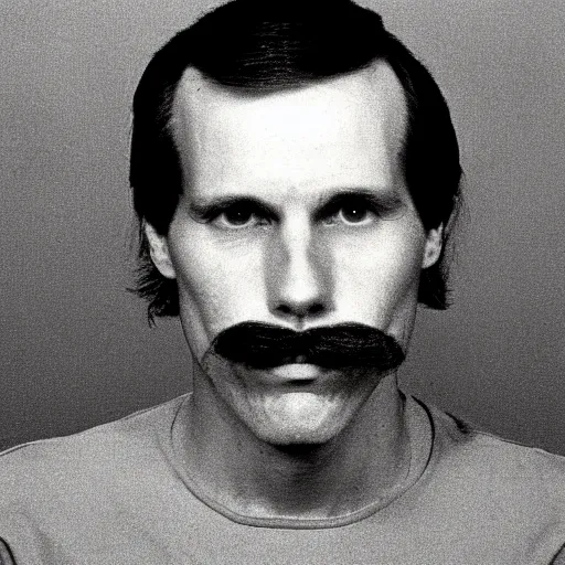 Prompt: A mugshot portrait of a man who looks like Jerma985 with short length wavy hair and a slightly receded hairline and bangs, has a mustache and wearing mid 1980s menswear in the late 1980s, taken in the late 1980s, grainy, realistic, hyperrealistic, very realistic, highly detailed, very detailed, extremely detailed, detailed, trending on artstation, front facing, front view, headshot and bodyshot, detailed face, very detailed face