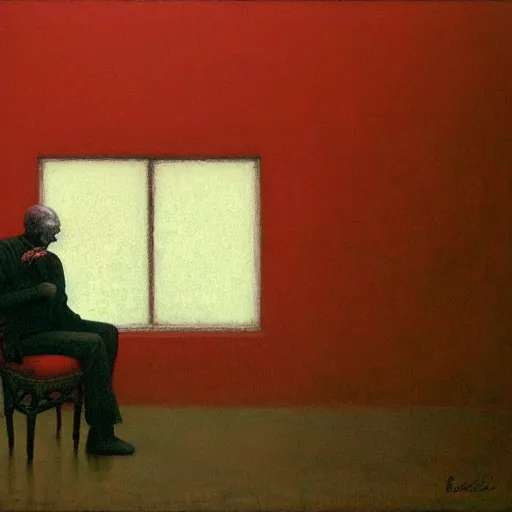 Image similar to older man sitting on a chair in dark basement with red walls and one window, painting by Beksiński,