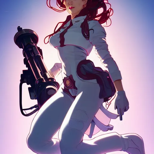 Image similar to a full body character design by artgerm, cushart krenz, ross tran, alphonse mucha. cute mad scientist girl!! shoulder mounted canon gun bazooka!! futuristic lab coat!! bold outline sharp edges. ultra clear detailed. 8 k. elegant, neon colors, dynamic angle, intricate complexity, epic composition, action pose, cinematic lighting masterpiece