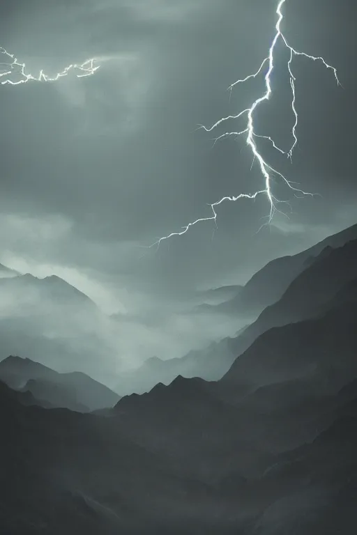 Prompt: digital matte fantasy dreamy mountain scape dark tones snow, lightning, storm, 8 k by alex grey