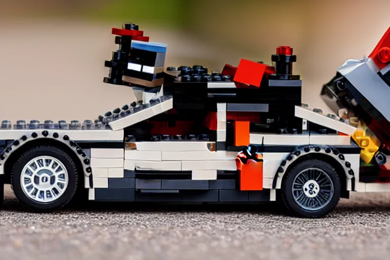 Image similar to lego 2 0 2 2 delorean time machine being dragged by a tow truck