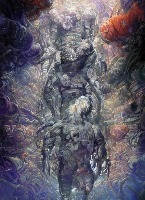 Prompt: astronauts in dark empty mirrored underwater - complex and hyperdetailed suit. reflection and dispersion materials. rays and dispersion of light. glowing lights. volumetric light. f / 3 2. noise film photo. flash photography. ultra realistic, wide angle. poster by wayne barlowe, hajime sorayama aaron horkey, craig mullins