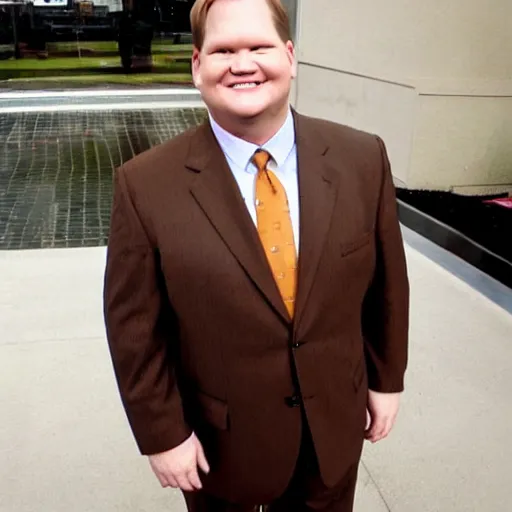 Prompt: Andy Richter is wearing a chocolate brown suit and necktie. Andy is standing under a running shower. The suit and necktie are soaking wet.