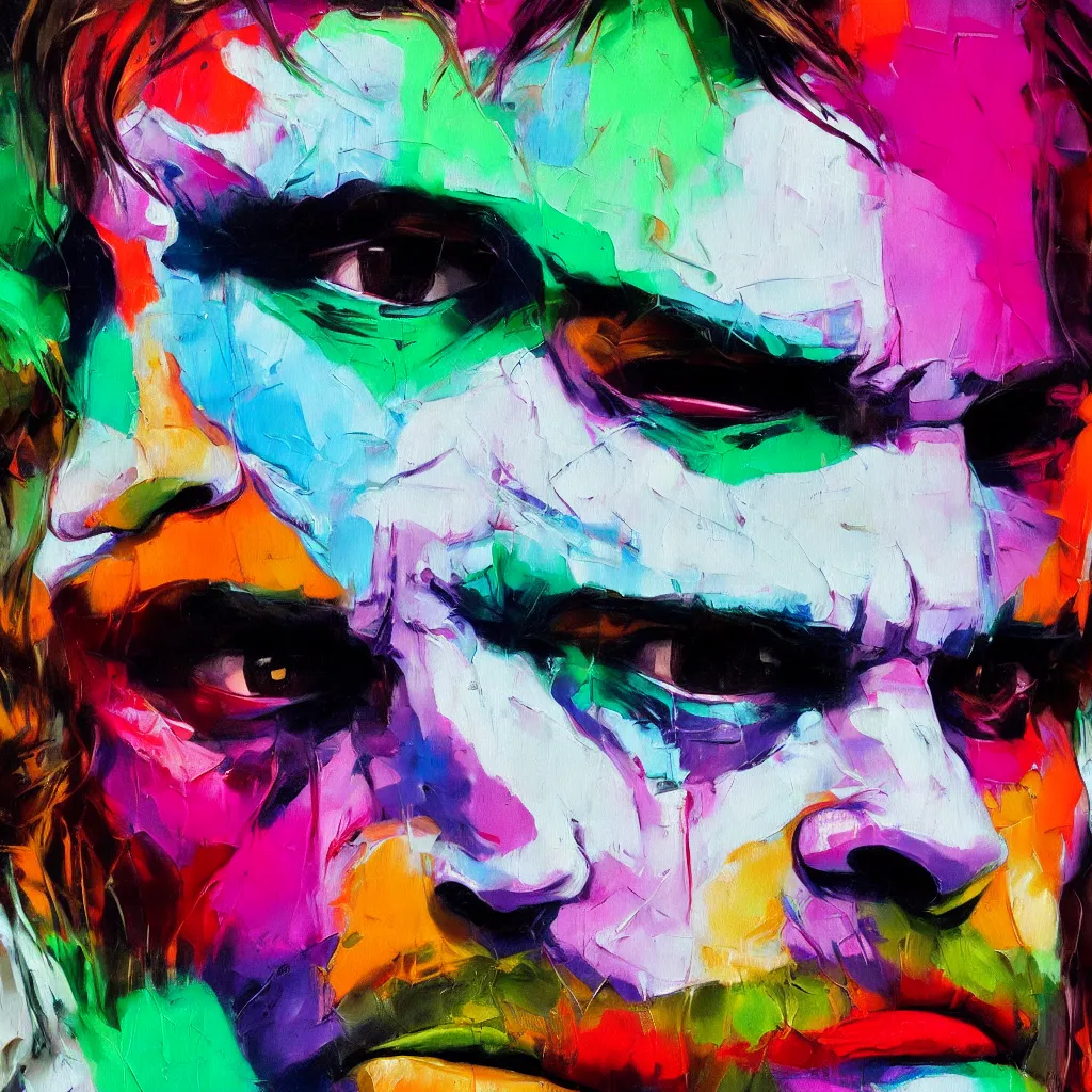 Prompt: a vibrant oil painting close up of joaquin phoenix as the joker by francoise nielly, trending on artstation : 3