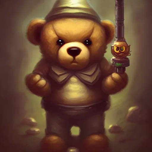 Image similar to cute little anthropomorphic Teddy Bear smoking weed, cover art, ultra wide lens shot , tiny, small, short, cute and adorable, pretty, beautiful, DnD character art portrait, matte fantasy painting, DeviantArt Artstation, by Jason Felix by Steve Argyle by Tyler Jacobson by Peter Mohrbacher, cinematic lighting