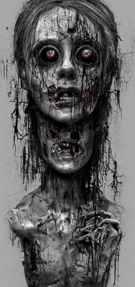 Image similar to old rotting mannequin staring at center of screen with wide large eyes, horror art, body horror, disturbing, intense, artstation, dramatic, scary, 4K, realistic,