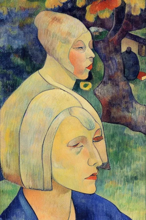 Prompt: blond hair woman with grey eyes and bob haircut drawn by paul gauguin