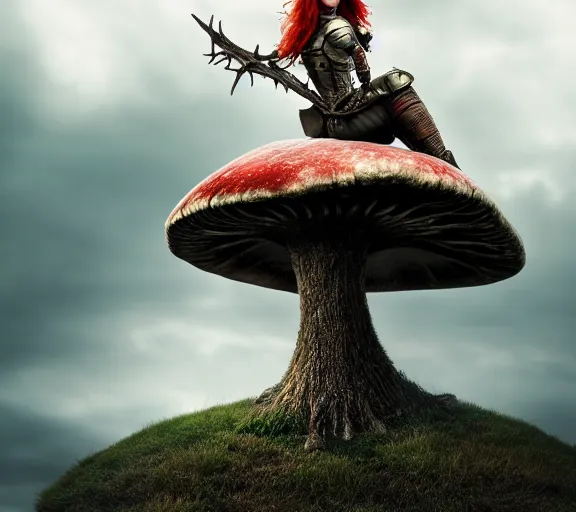 Image similar to a photo of an armored woman warrior redhead with antlers sitting on a giant mushroom that covers a whole village and reaches above the clouds by luis royo. intricate. lifelike. soft light. sony a 7 r iv 5 5 mm. cinematic post - processing