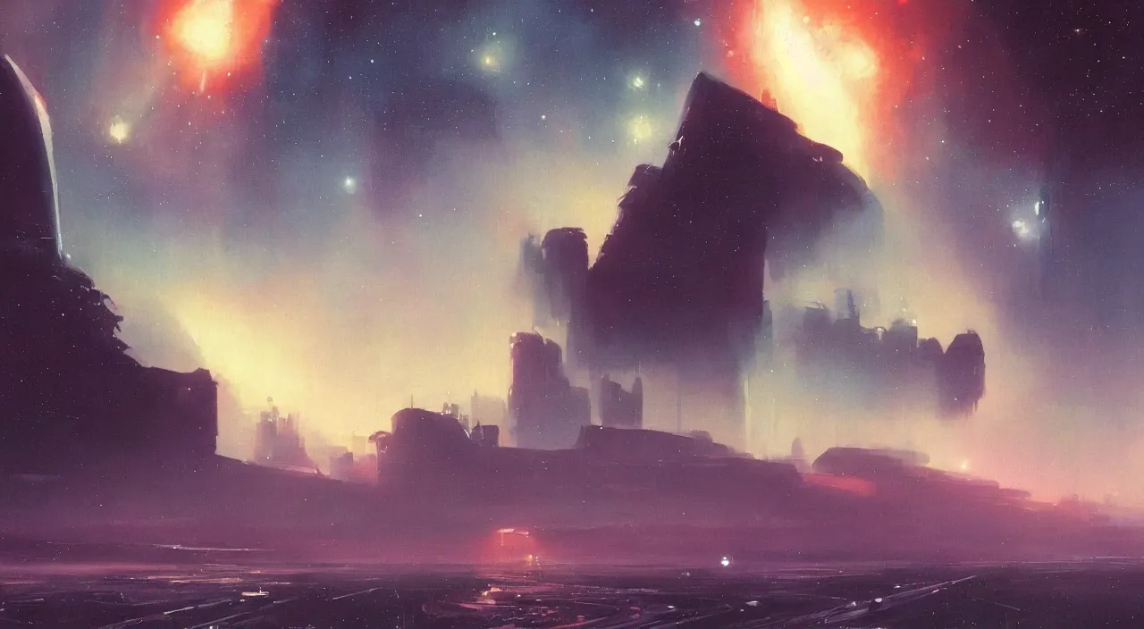 Prompt: A beautiful painting of a city on the sea of an alien planet with stars shining in the sky,80s sci-fi,4k,by John Harris