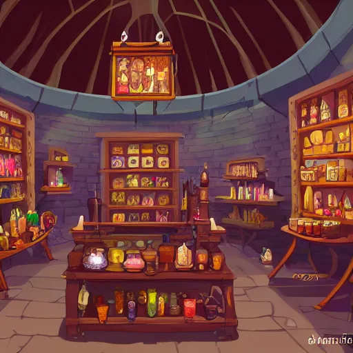 Image similar to inside a magical item shop, fantasy potion vendor interior, ufotable studio art style, wide angle, gothic interior