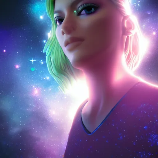 Prompt: galaxy, character, 3 d godess, cloud, volumetric, dreamy, nebula background, portrait, close up, octane render, 3 ds max + vray, cinematic, super fine detailed, detailing