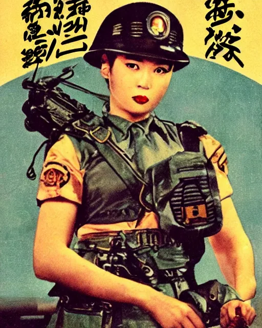 Image similar to Photos of a Kerberos Panzer Cop, hyperreal, Atmospheric, 1950s Japan, full Color, Science Fiction