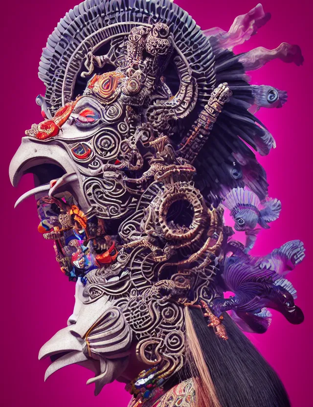 Image similar to 3 d goddess close - up profile portrait aztec with ram skull. beautiful intricately detailed japanese crow kitsune mask and clasical japanese kimono. betta fish, jellyfish phoenix, bio luminescent, plasma, ice, water, wind, creature, artwork by tooth wu and wlop and beeple and greg rutkowski