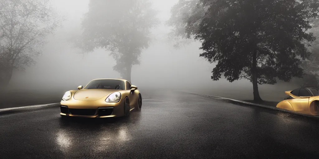 Image similar to parked Porsche sports car, fog, rain, volumetric lighting, beautiful, golden hour, sharp focus, highly detailed, cgsociety