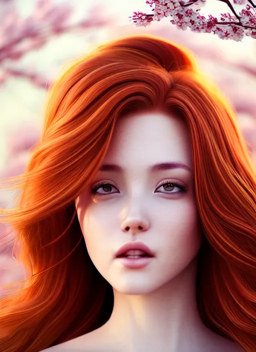 Image similar to photo of a gorgeous female with auburn hair in the style of stefan kostic, realistic, half body shot, sharp focus, 8 k high definition, insanely detailed, intricate, elegant, art by stanley lau and artgerm, extreme blur cherry blossoms background