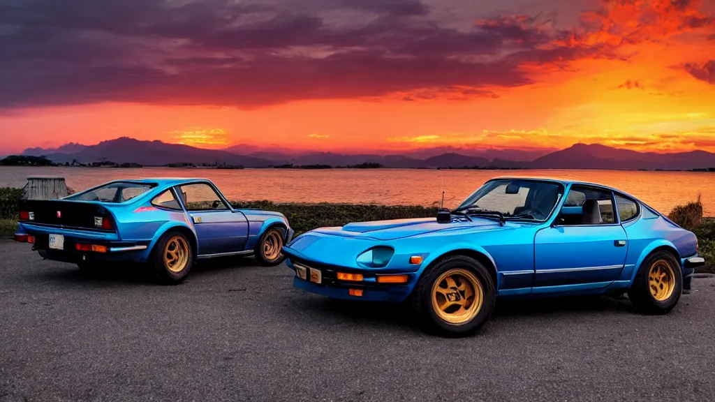 Image similar to synthwave datsun 2 4 0 z at sunset, 8 k. filling of the view
