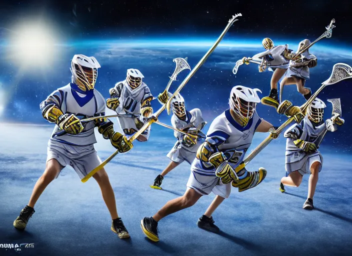 Prompt: photo of the lacrosse team, playing intergalactic championship, in space, versus chitauri, highly detailed, 8k, intricate, sony a7r iv 55mm, award winning.