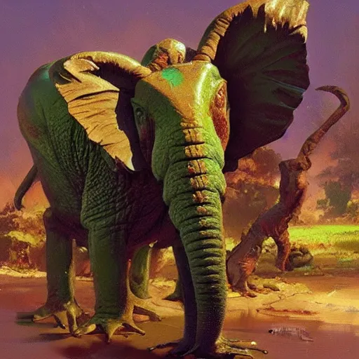 Prompt: frog - elephant creature, oil painting by craig mullins