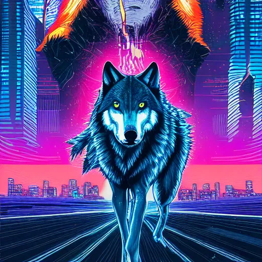 Prompt: a portrait of a wolf with thunders in the sky in a future cybernetic city, outrun style and colours, highly detailed, 8k resolution, trending on arstation, by dan mumford