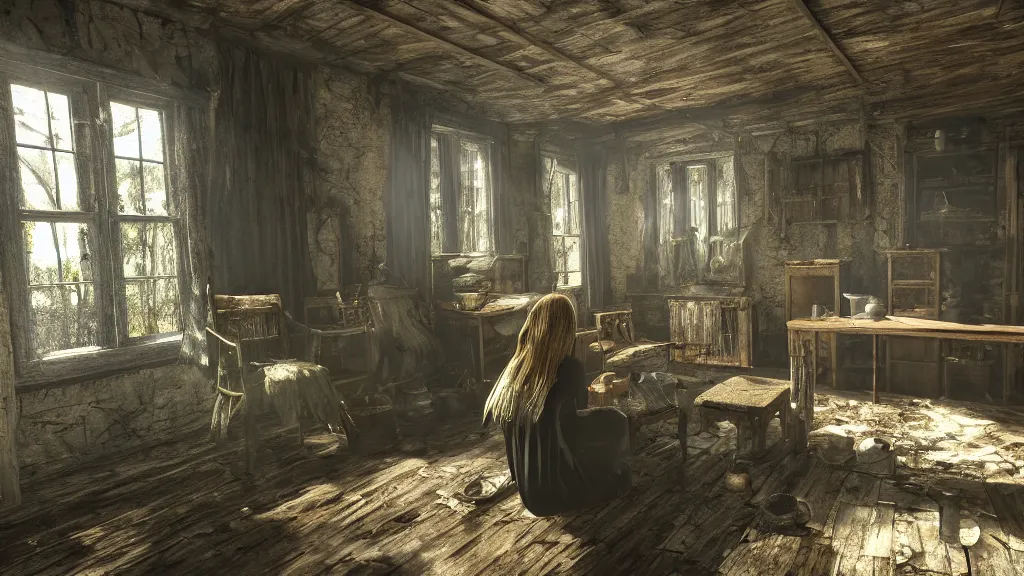 Image similar to a witch sitting in the shadows on the inside of a decrepit cottage, highly detailed interior, hyperrealistic, Cryengine 8k UHD