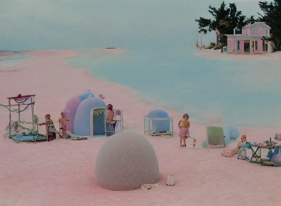 Image similar to a pastel coloured vintage family holiday photo of an empty beach from an alien dreamstate world with chalky pink iridescent!! sand, reflective lavender ocean water, dim bioluminescent plant life and an igloo shaped plastic transparent restaurant surrounded by some holiday clutter opposite a pit with an iridescent blue flame flickering. glare. refraction, volumetric light.