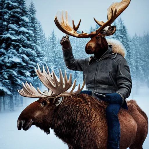 Image similar to the king of sweden riding a moose, hyperrealistic photograph, dim volumetric lighting, 8 k, octane beautifully detailed render, extremely hyper detailed, intricate, epic composition, cinematic lighting, masterpiece, trending on artstation, very very detailed, stunning, hdr, smooth, sharp focus, high resolution, award, winning photo, dslr, 5 0 mm