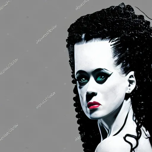 Prompt: a realistic detailed studio portrait photo of a the bride of frankenstein, vaporwave