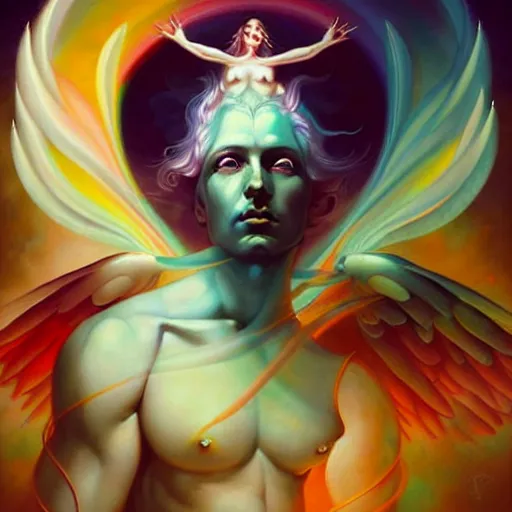 Prompt: psychedelic angelic celestial being artwork of peter mohrbacher, by henry fuseli, ayahuasca, energy body, sacred geometry, esoteric art, rainbow colors, divinity