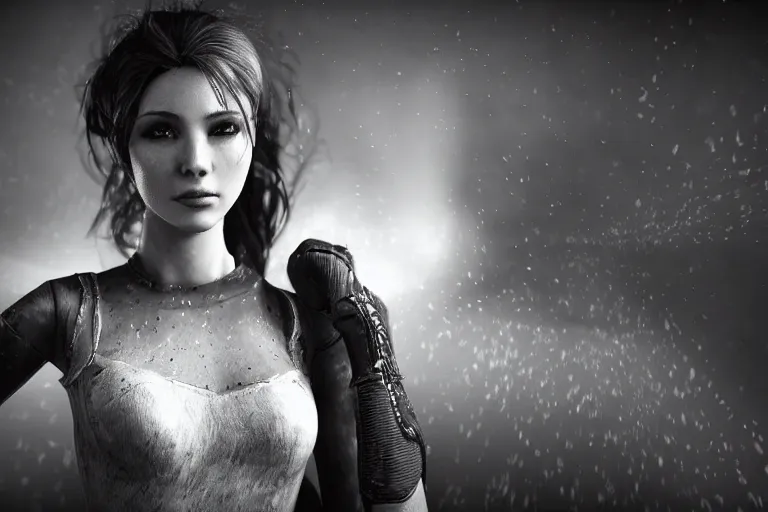 Image similar to still photo of a very beautiful woman wearing fabric clothing looking at the camera in a battlefield, black and white color aesthetic, highly detailed, photorealistic portrait, bright studio setting, studio lighting, crisp quality and light reflections, unreal engine 5 quality render