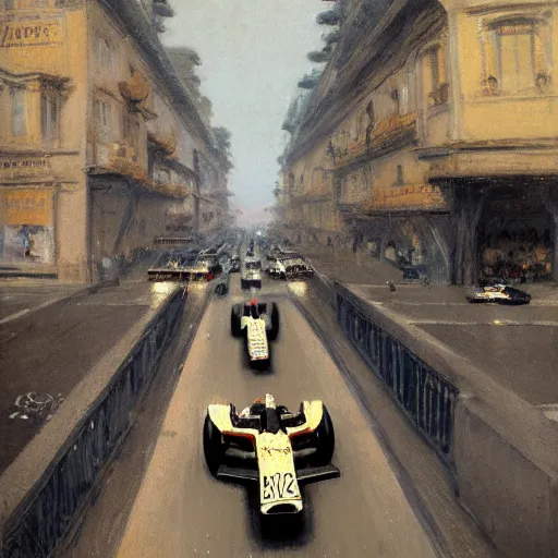 Image similar to a beautiful picture of a car race in the streets of monaco by greg rutkowski and theophile - alexandre steinlen trending on artstation