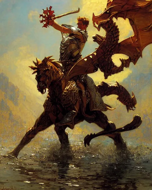 Prompt: rugged knight battles a hydra, painting by gaston bussiere, craig mullins, j. c. leyendecker