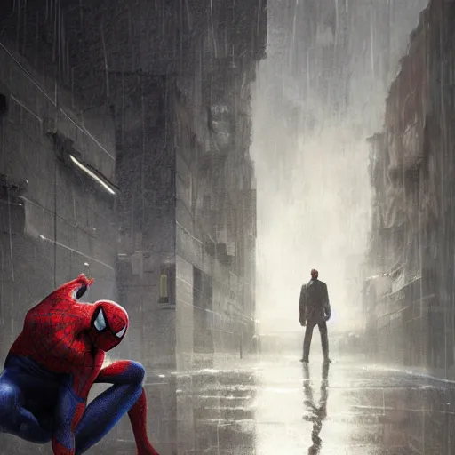 Prompt: Spiderman in a mirror room with no roof, Greg Rutkowski, raining