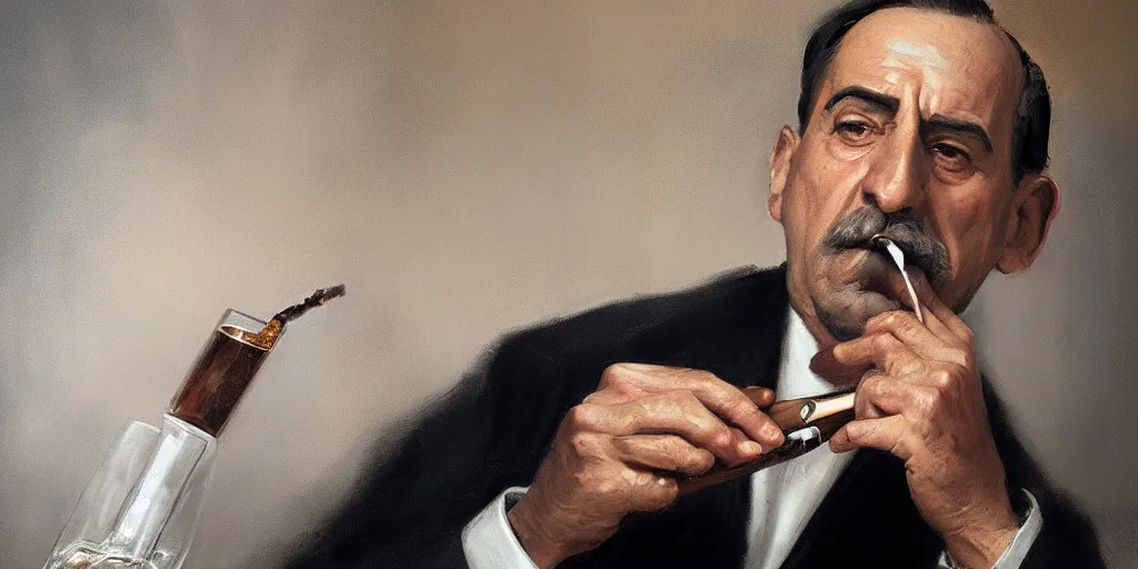 Image similar to beautiful oil matte portrait painting, mafia boss holding a cigar and drinking whiskey at his 5 0 s new york office desk, wonderful masterpiece highly detailed, beautiful cinematic light deep focus, elegant, digital painting, smooth, sharp focus, golden ratio, dramatic illumination, ultra realistic, 8 k, art by jimmy law