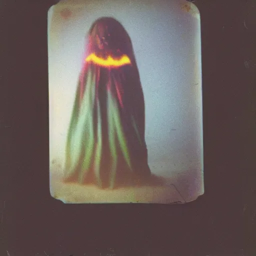 Prompt: coloured atmospheric polaroid photo of a realistic ghost spirit in a kid - bedroom