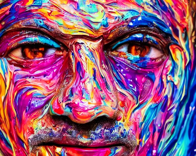 Image similar to still shot close up footage of the portrait of a human head made of acrylic pour and splashing paint and paint explosion and dripping paint and flying paint chunk, motion blur, hyperrealistic, medical, intricate art photography, anatomically correct, realistic crisp textures, 1 6 k