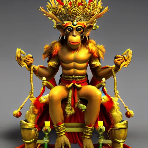 Image similar to monkey king godly lord of monkeys, wearing a crown, holding a staff, sitting in throne 8 k render high detail