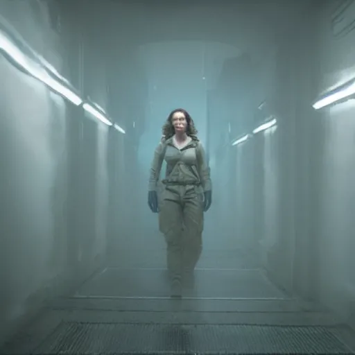 Image similar to ripley female protagonist walking through a tight corridor in the movie alien, exposed tubes, mysterious atmospheric lighting, matte painting, intricate, iridescent, volumetric lighting, beautiful, rich deep colours masterpiece, fog golden hour, golden ratio, sharp focus, ultra detailed, by leesha hannigan, ross tran, thierry doizon, kai carpenter, ignacio fernandez rios