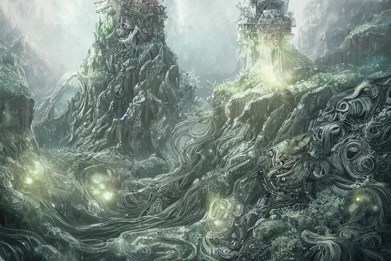 Image similar to green fairy land, beautiful, mesmerizing, concept art, highly detailed, smooth, fantastical, cinematic, artstation, inspired by monstress, sana takeda