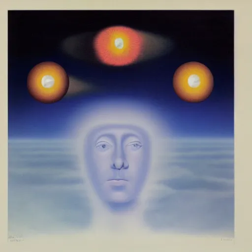 Prompt: A man\'s eyes containing the universe, by René Magritte