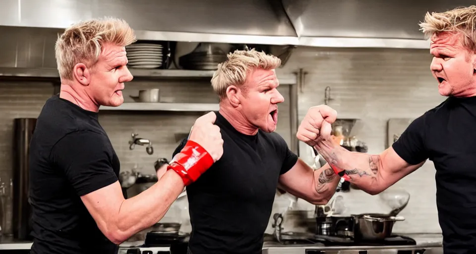 Image similar to photo of angry furious Gordon Ramsay punching Gordon Ramsay at the kitchen