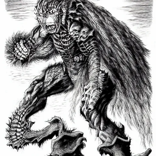 Image similar to a stunning illustration by kentaro miura of a frightening beast