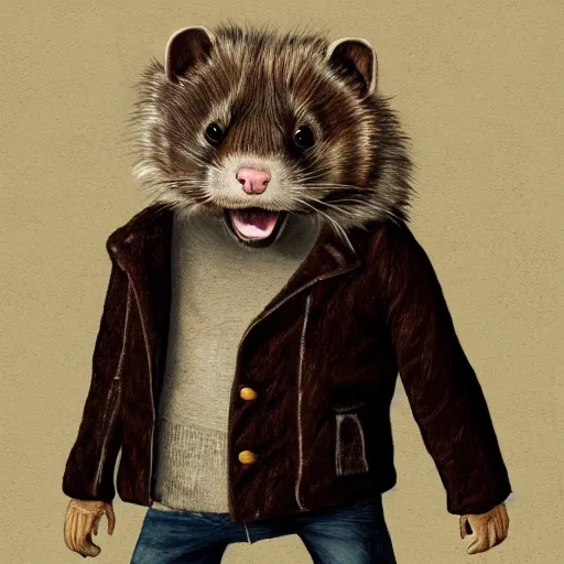 Image similar to ferret furry guy, digital art high quality, jacket