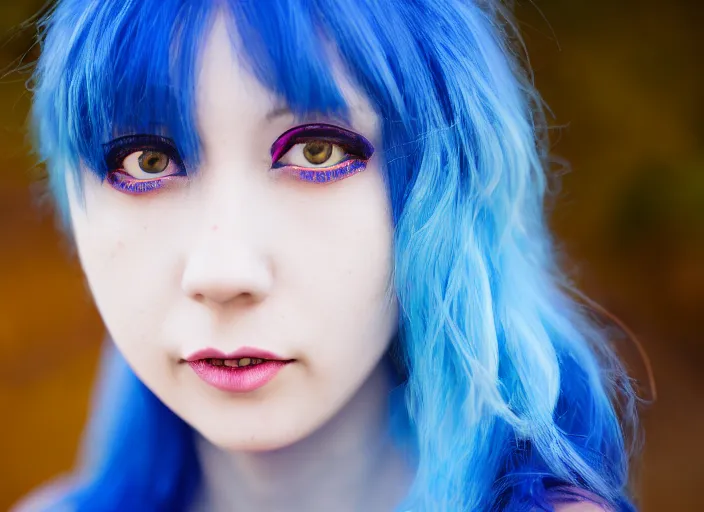 Image similar to dslr portrait photo still of rimuru tempest with blue hair and yellow!!! eyes!!!, 8 k, 8 5 mm f 1. 8