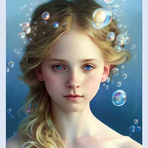 Image similar to portrait of magical little blond girl, dreamy and ethereal, blue eyes, peaceful expression, ornate frilly dress, fantasy, intricate, elegant, rainbow bubbles, highly detailed, digital painting, artstation, concept art, smooth, sharp focus, illustration, art by artgerm and greg rutkowski and alphonse mucha