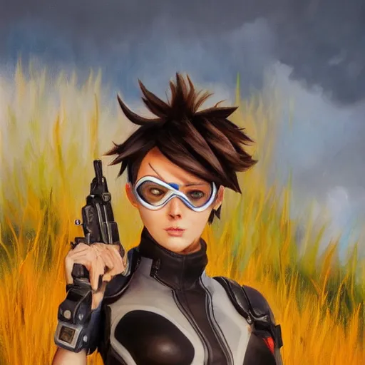 Image similar to oil painting of tracer overwatch in a field, in style of mark arian, expressive face, very detailed face, wearing leather choker, very detailed eyes, full body, feminine face, detailed makeup on eyes,