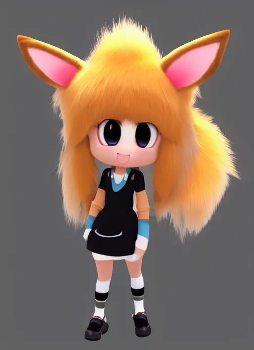 Image similar to female eevee mini cute girl, character adoptable, highly detailed, rendered, ray - tracing, cgi animated, 3 d demo reel avatar, style of maple story and zootopia, maple story eevee trainer, fluffy, dark skin, cool clothes, soft shade, soft lighting, portrait pose