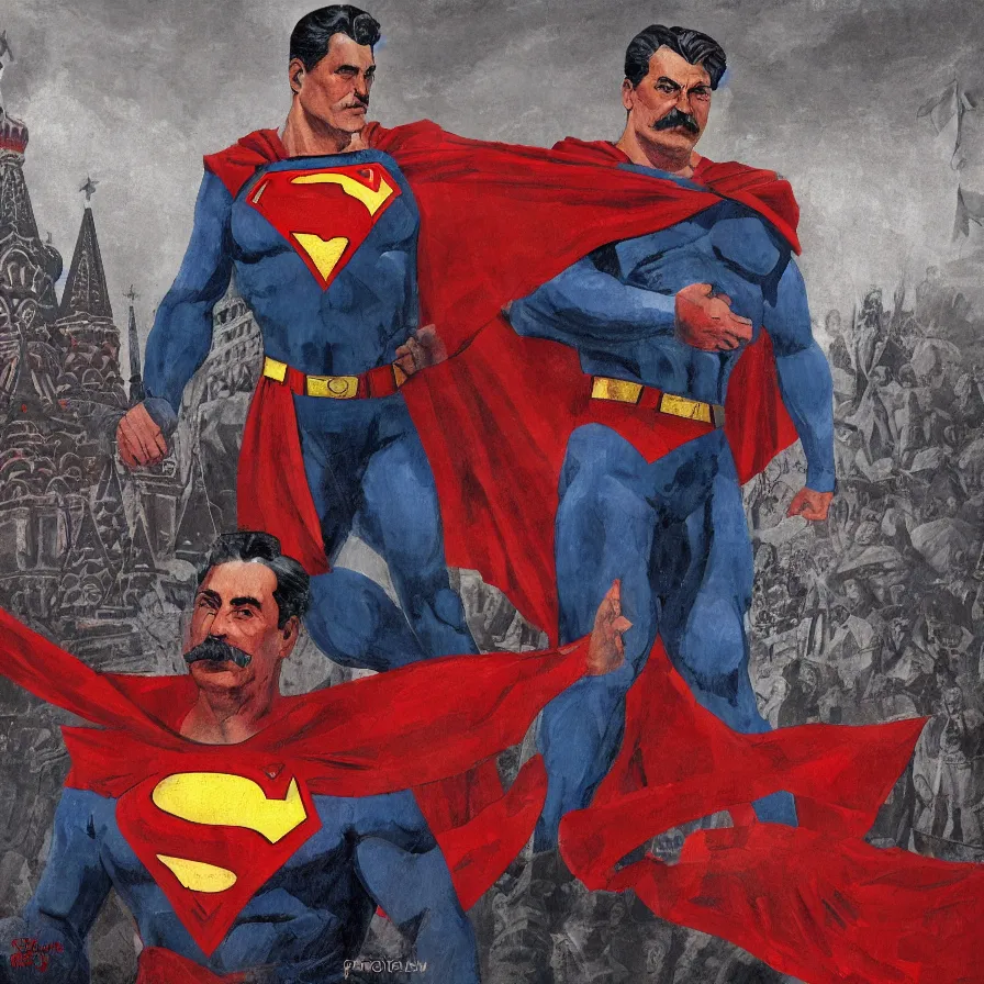 Image similar to stalin as superman red son standing triumphantly in the red square ( moscow ), socialist realism, oil painting masterpiece, photorealistic, detailed picture, intricate digital art, trending artstation, rich moody colors, fan art, concept art, artgem, 8 k ultra high definition