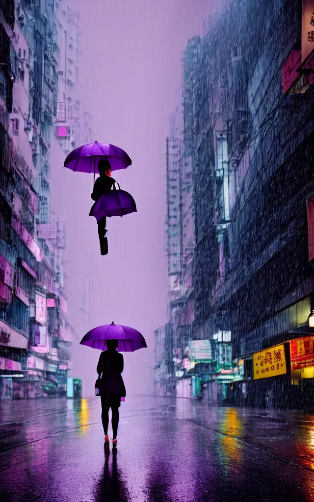 Prompt: a woman holding a purple umbrella walking on the wet street on a rainy night in a hong kong by wes anderson and makoto shinkai. dramatic lighting. cel shading.